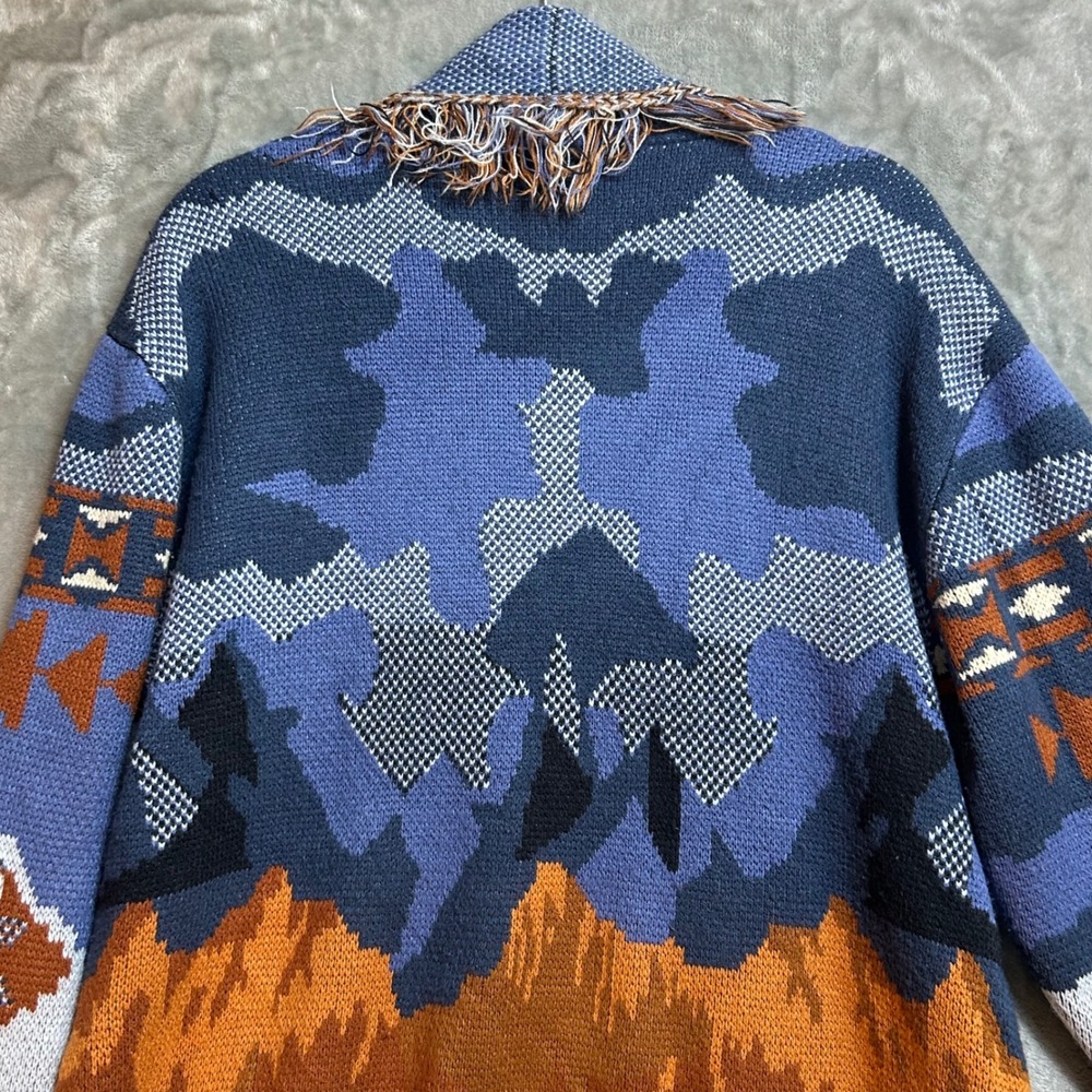 Reba Womens XL Southwest Landscape Fringe Open Front Cardigan Sweater Blue Rust - Picture 7 of 14